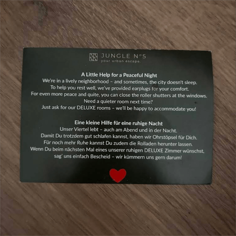 Note left inside the room about noise