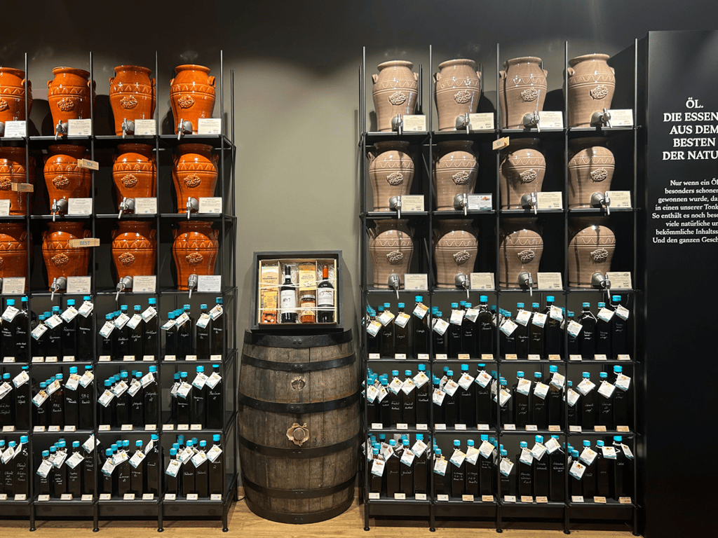 Shop selling varieties of flavored olive oils and whiskeys