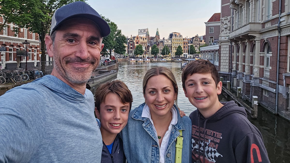 Selfie of the family with Amsterdam in background