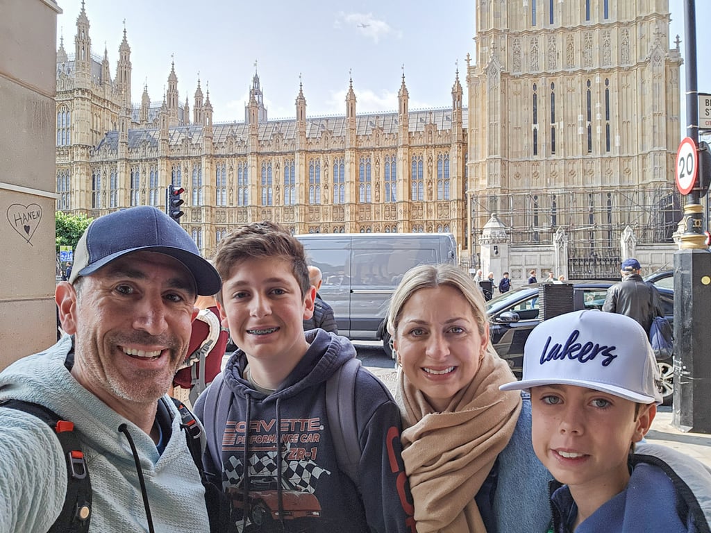 Family selfie arriving in-front of Big Ben