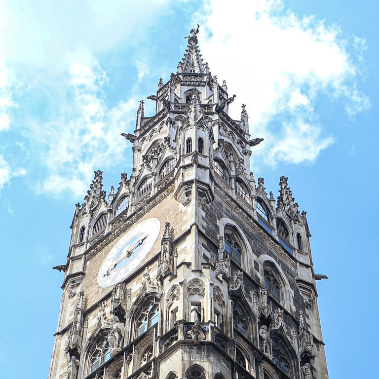 A view of the top of the gothic Munich townhall