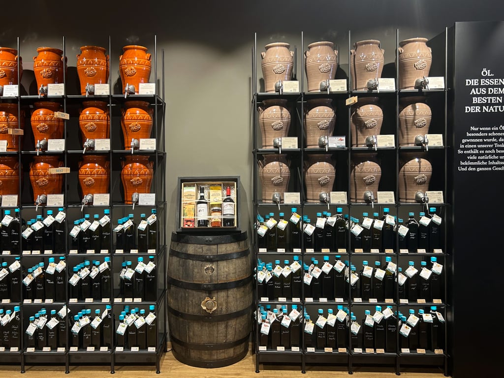 Shop selling varieties of flavored olive oils and whiskeys