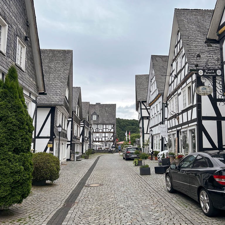 A view of a cobblestone street with white half-timbered buildings